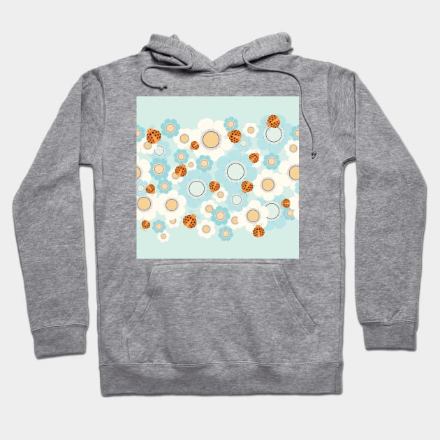 Blue and cream flowers with red ladybugs Hoodie by marufemia